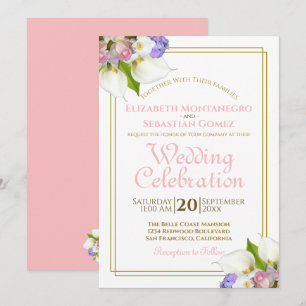 Elegante Pastel Blume Gold und Rosa Hochzeit Einladung