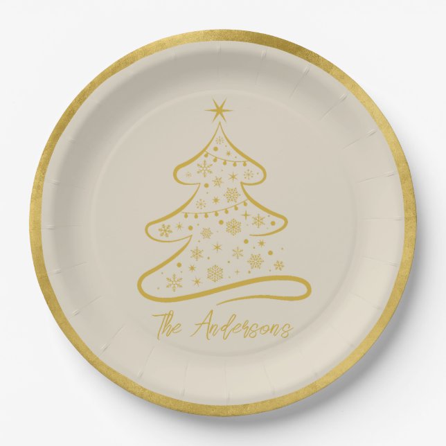Elegante Pastel Bone Beige Gold Weihnachtsbaum Pappteller (Vorderseite)