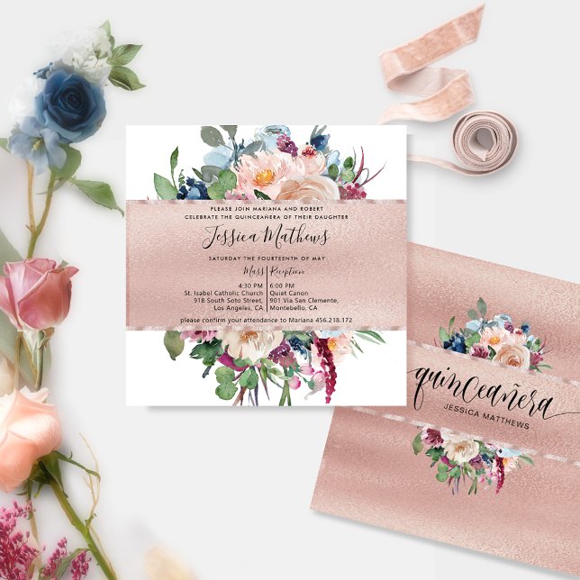 Elegante Pastel Floral und Rose Gold Quinceñera Einladung (Von Creator hochgeladen)