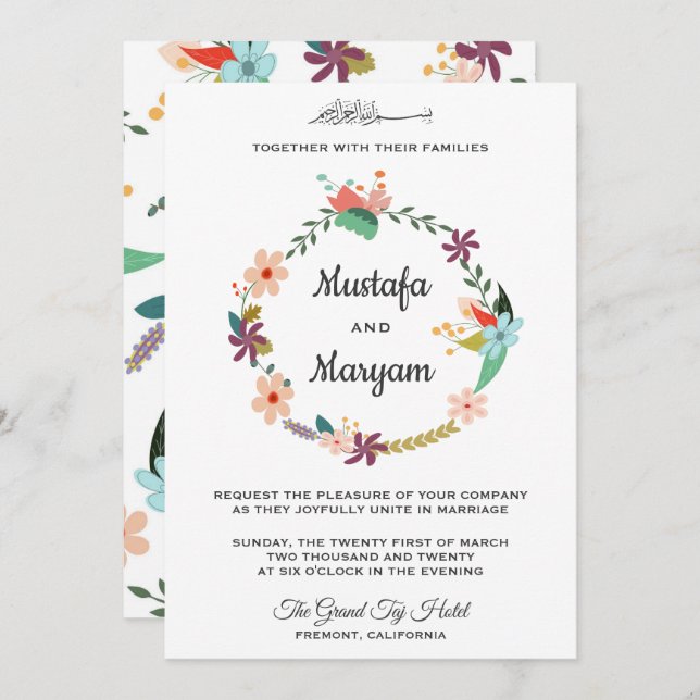 Elegante Pastel Floral Wreath Islamische Hochzeit Einladung (Vorne/Hinten)