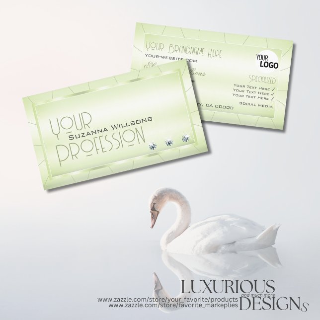 Elegante Pastel Green mit Diamanten und Logo Chic Visitenkarte (Von Creator hochgeladen)