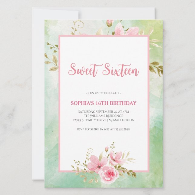 Elegante Pastel Green & Pink Floral 16 . Geburtsta Einladung (Vorderseite)