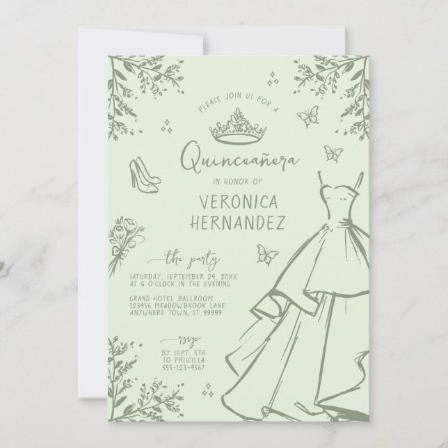 Elegante Pastel Green Sage Quinceanera Einladung (Vorderseite)