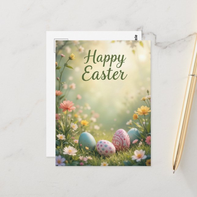 Elegante Pastel Happy Osterfest mit Blume und Eier Postkarte (Vorderseite/Rückseite Beispiel)