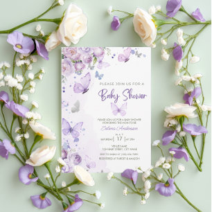 Elegante Pastel Lila Floral Butterfly Babydusche Einladung