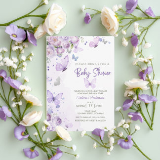Elegante Pastel Lila Floral Butterfly Babydusche Einladung