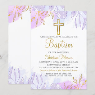 Elegante Pastel Lila Gold Floral Girl Taufe Einladung