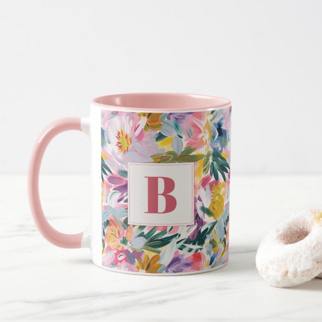 Elegante Pastel Pink Abstrakte florale Mit Monogra Tasse (Mit Donut)