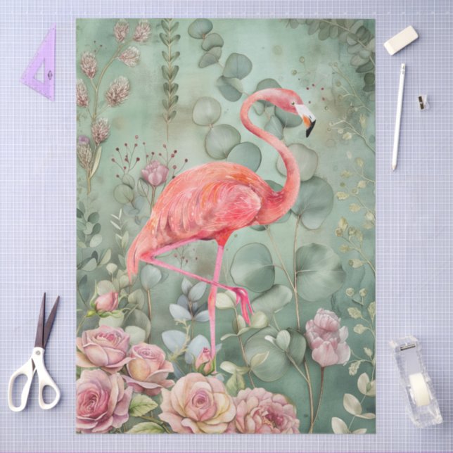 Elegante Pastel Pink Flamingo & Rose Decoupage Seidenpapier (Basteln)
