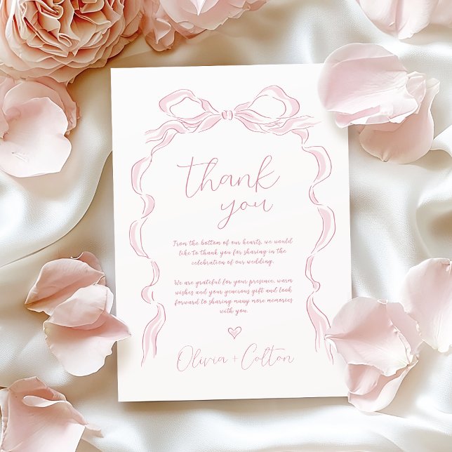 Elegante Pastel Pink Hand Drawn Bow Wedding Dankeskarte (Elegant Pastel Pink Hand Drawn Bow Wedding Thank You Card)