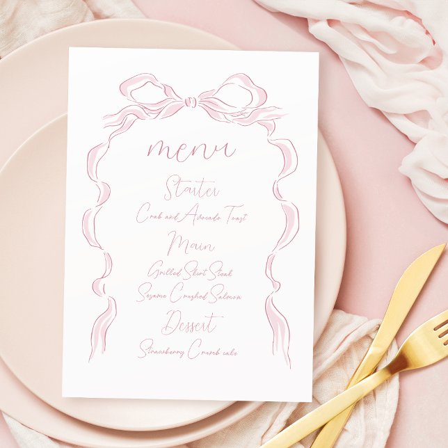 Elegante Pastel Pink Hand Drawn Bow Wedding Menükarte (Elegant Pastel Pink Hand Drawn Bow Wedding Menu)