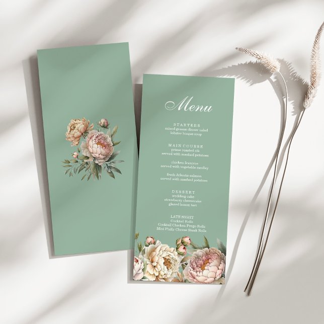 Elegante Pastel Sage Green Blush Pink Peonies Menükarte (Elegant Pastel Sage Green Blush Pink Peonies Menu on a sunny white table.)