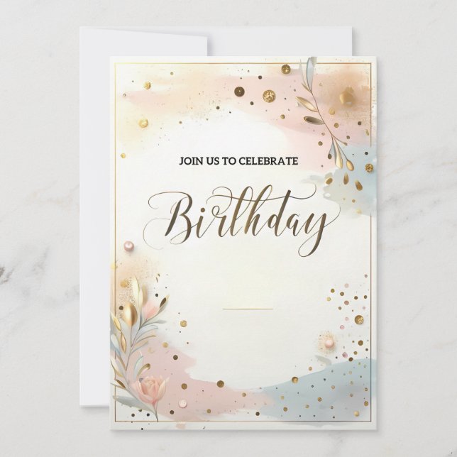 Elegante Pastel Watercolor Floral & Gold Confetti Einladung (Vorderseite)