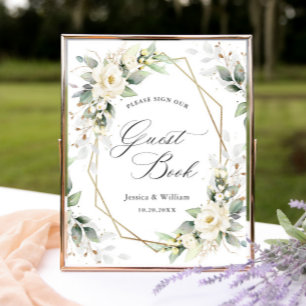 Elegante Pastel White Roses Sign Gästebuch