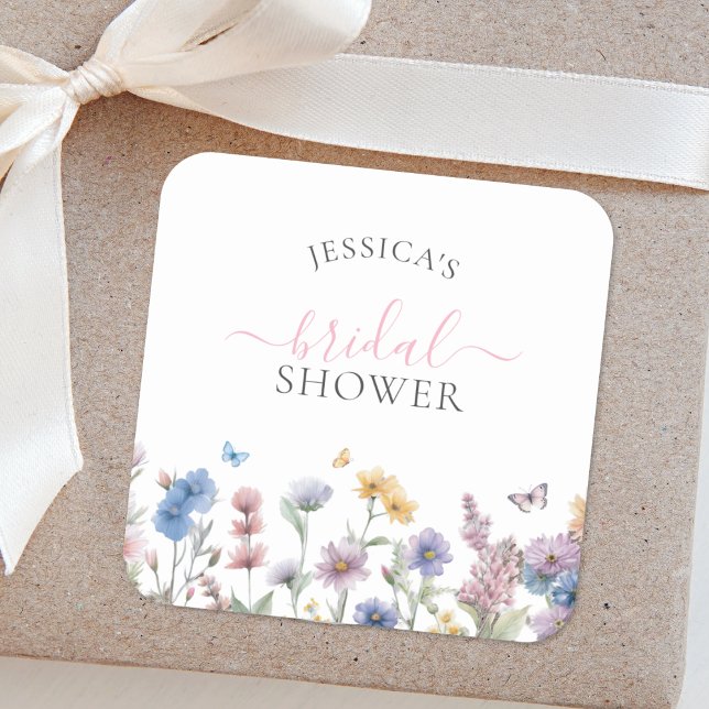 Elegante Pastel Wildblumen Grünes Brautparty Quadratischer Aufkleber (Von Creator hochgeladen)