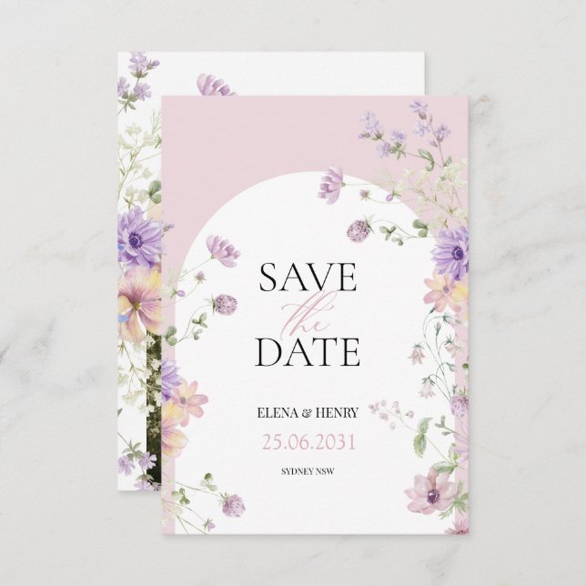 Elegante Pastel-Wildblumen Hochzeitssache Datum sp Einladung (Vorne/Hinten)