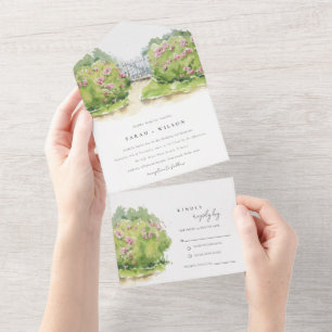 Elegante Pastell-Aquarell-Cottage-Garten-Hochzeit All In One Einladung