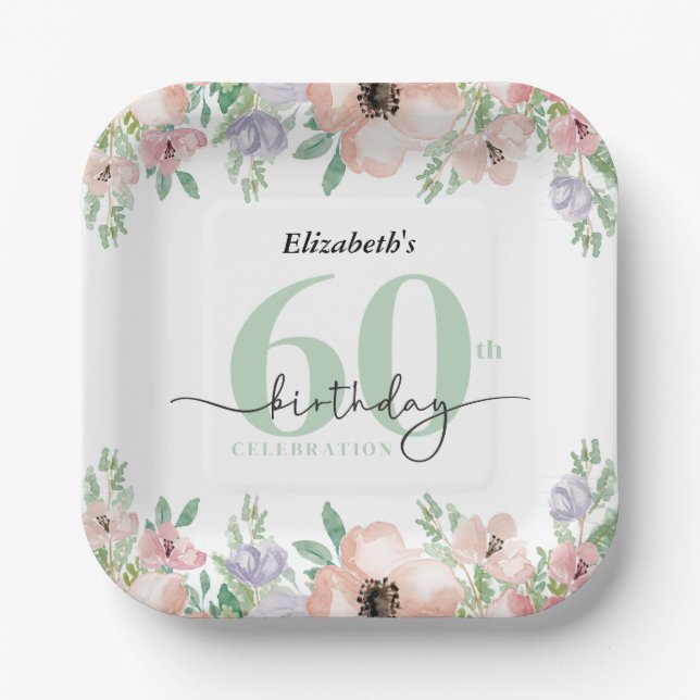 Elegante Pastell-Blumen-60.-Geburtstagsfeier Pappteller (Vorderseite)