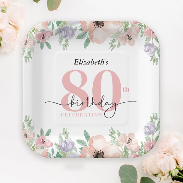 Elegante Pastell-Blumen-80. Geburtstagsfeier Pappteller (Von Creator hochgeladen)
