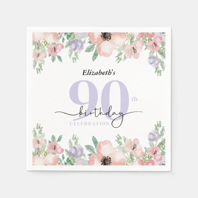 Elegante Pastell-Blumen-90.-Geburtstagsfeier Serviette (Vorderseite)