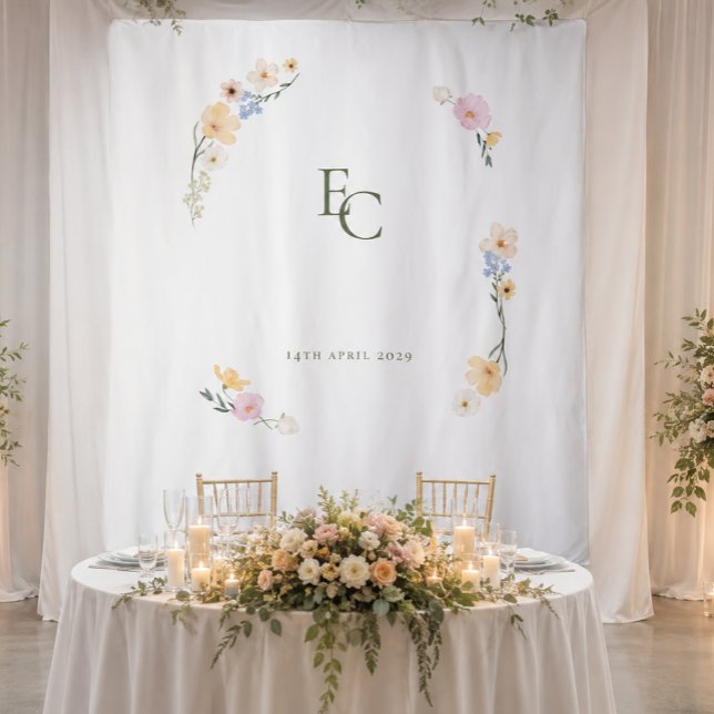 Elegante Pastell-Blumen-Boho-Monogramm-Hochzeit Wandteppich (Elegant Pastel Floral Boho Monogram Wedding Tapestry)