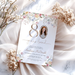 Elegante Pastell-Blumen-Foto 80. Geburtstag Einladung