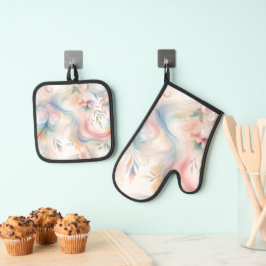 Elegante Pastell-Botanik-Aquarell Ofenhandschuh & Topflappen-Set