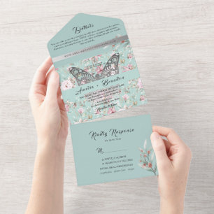 Elegante Pastell-Rosa Blaue Florale Hochzeit All In One Einladung