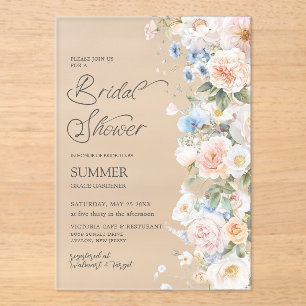 Elegante Pastell-Rosa-Weiß-Blau-Blumen-Brautparty Acryleinladungen