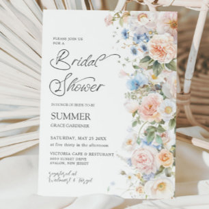Elegante Pastell-Rosa-Weiß-Blau-Blumen-Brautparty Einladung