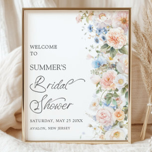 Elegante Pastell-Rosa-Weiß-Blau-Blumen-Brautparty Poster