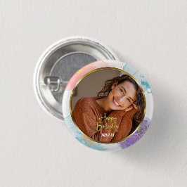 Elegante Pastell- und Goldschrift-Foto-Name-Geburt Button