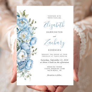 Elegante Pastellblaue Aquarell-Blumenhochzeit Einladung