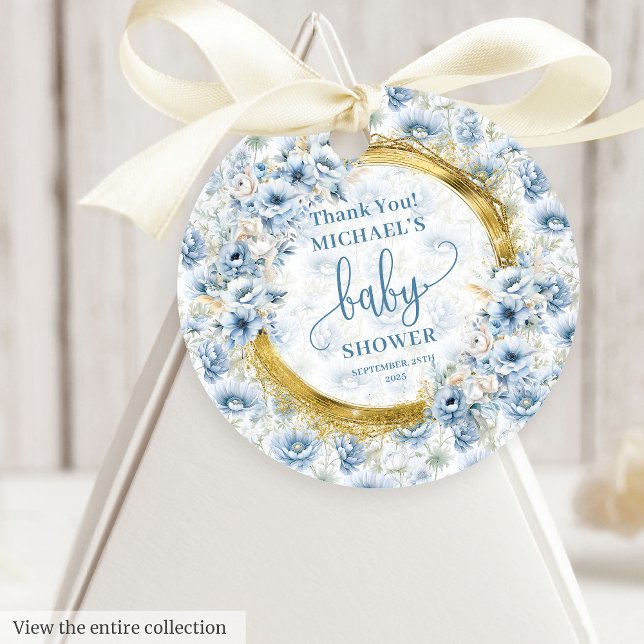 Elegante pastellblaue Blumen Gold Babydusche Gefal Geschenkanhänger (Elegant pastel blue flowers gold baby shower favor tags)