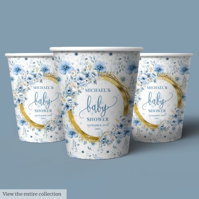 Elegante pastellblaue Blumen Goldjunge Dusche Pappbecher (Elegant pastel blue flowers gold boy baby shower Paper Cups)