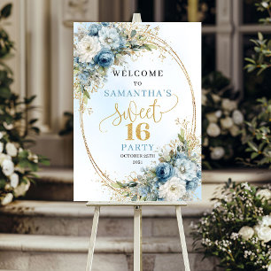Elegante Pastellblaue Blumige Sweet 16 Willkommens Poster
