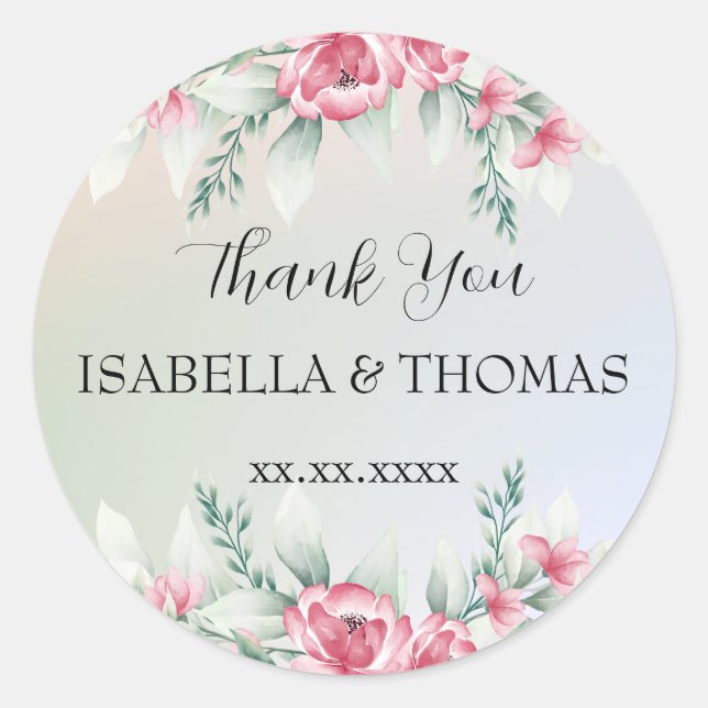 Elegante Pastellblüte Vielen Dank für Ihre Hochzei Runder Aufkleber (Vorderseite)