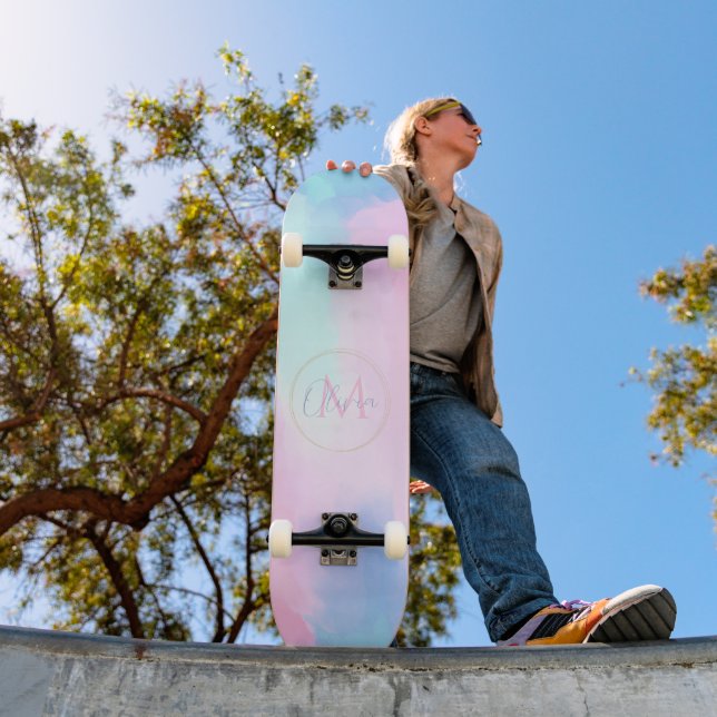 Elegante Pastellfarben Blau Pink Aquarellmalerei Skateboard (Außenbereich 1)