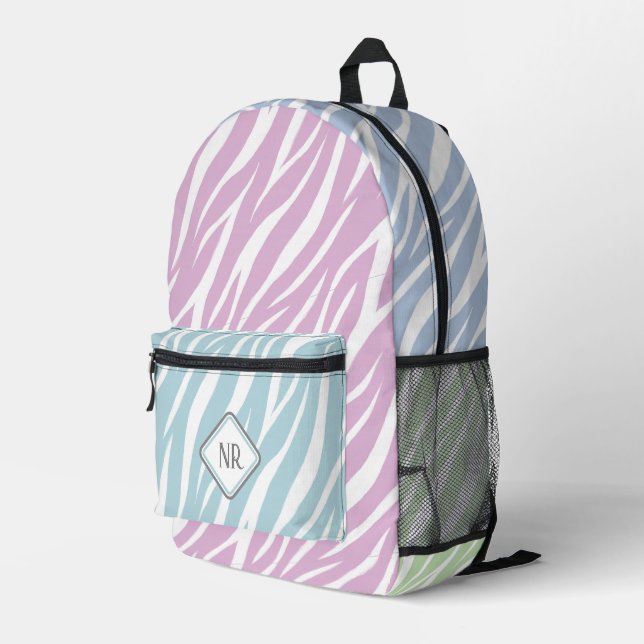 Elegante Pastellfarben und weiße Zebra-Aufschrift  Bedruckter Rucksack (Rückseitige Ecke Rechts)