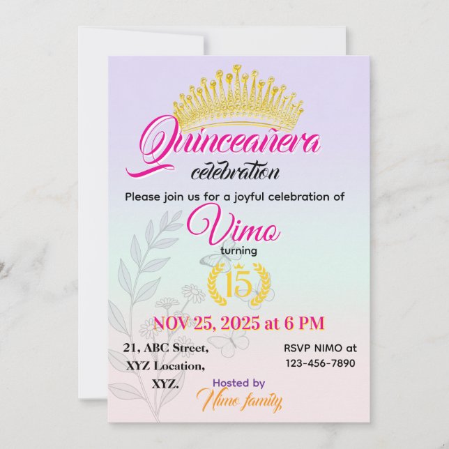 Elegante Pastellfarbene Botanische Quinceañera-Ein Einladung (Vorderseite)
