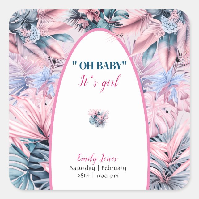 Elegante pastellfarbene tropische Rosa-Blau-Babydu Quadratischer Aufkleber (Vorderseite)