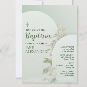 Elegante Pastellgrün-Blumen-Taufe Einladung