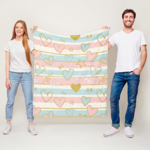 Elegante Pastellherzen mit goldenen Streifenakzent Fleecedecke