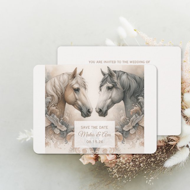 Elegante Pastellpferde beim Hochzeitsfeiern speich Save The Date (Elegant Pastel Horses Wedding Save The Date Card (front and back))