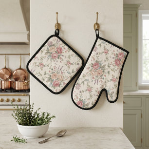 Elegante Pastellrosen Shabby Chic Ofenhandschuh & Topflappen-Set