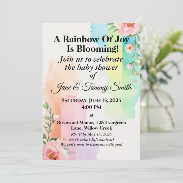 Elegante Pastels Floral Rainbow Baby Shower Einladung (Stehend Vorderseite)