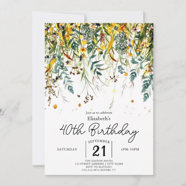 Elegante Pastels Wildblumen 40. Geburtstag Einladung (Vorderseite)