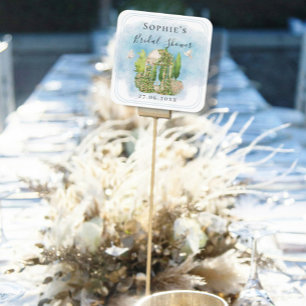 Elegante Pavillon-Statue Tauben Blumen Brautparty Quadratischer Aufkleber