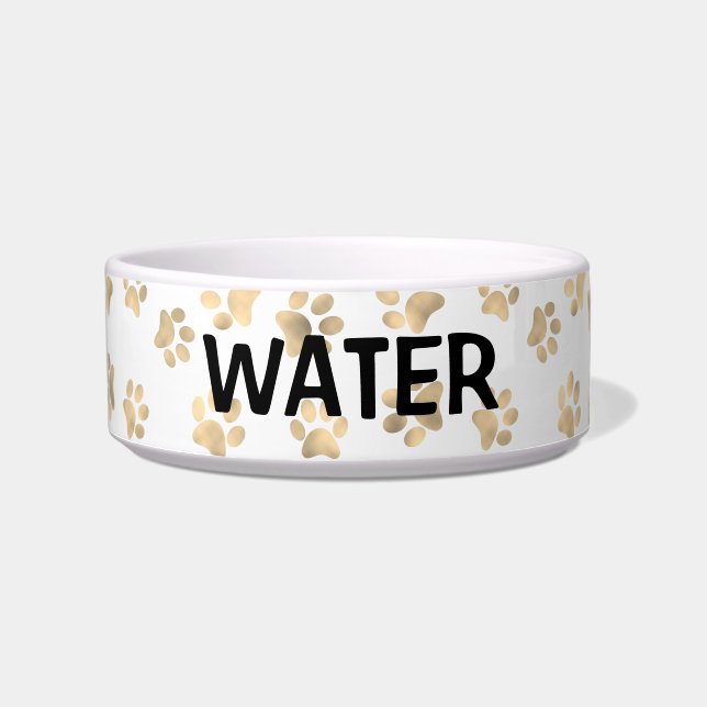 Elegante Paw Print White & Gold Wasserkatze oder H Napf (Vorderseite)
