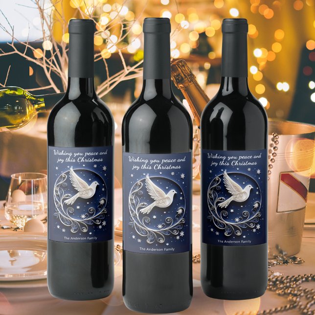 Elegante Peace Dove Imitats Papercraft Chic Weihna Weinetikett (Personalized Christmas wine bottle labels with dove of peace design in dark blue and white)
